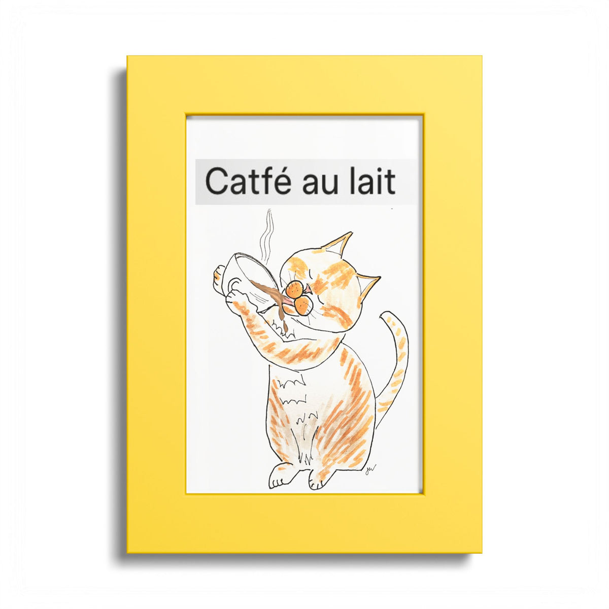 Niño "Catfé au Lait" Colored Frame Poster — Orange & White Cat Coffee Wall Art