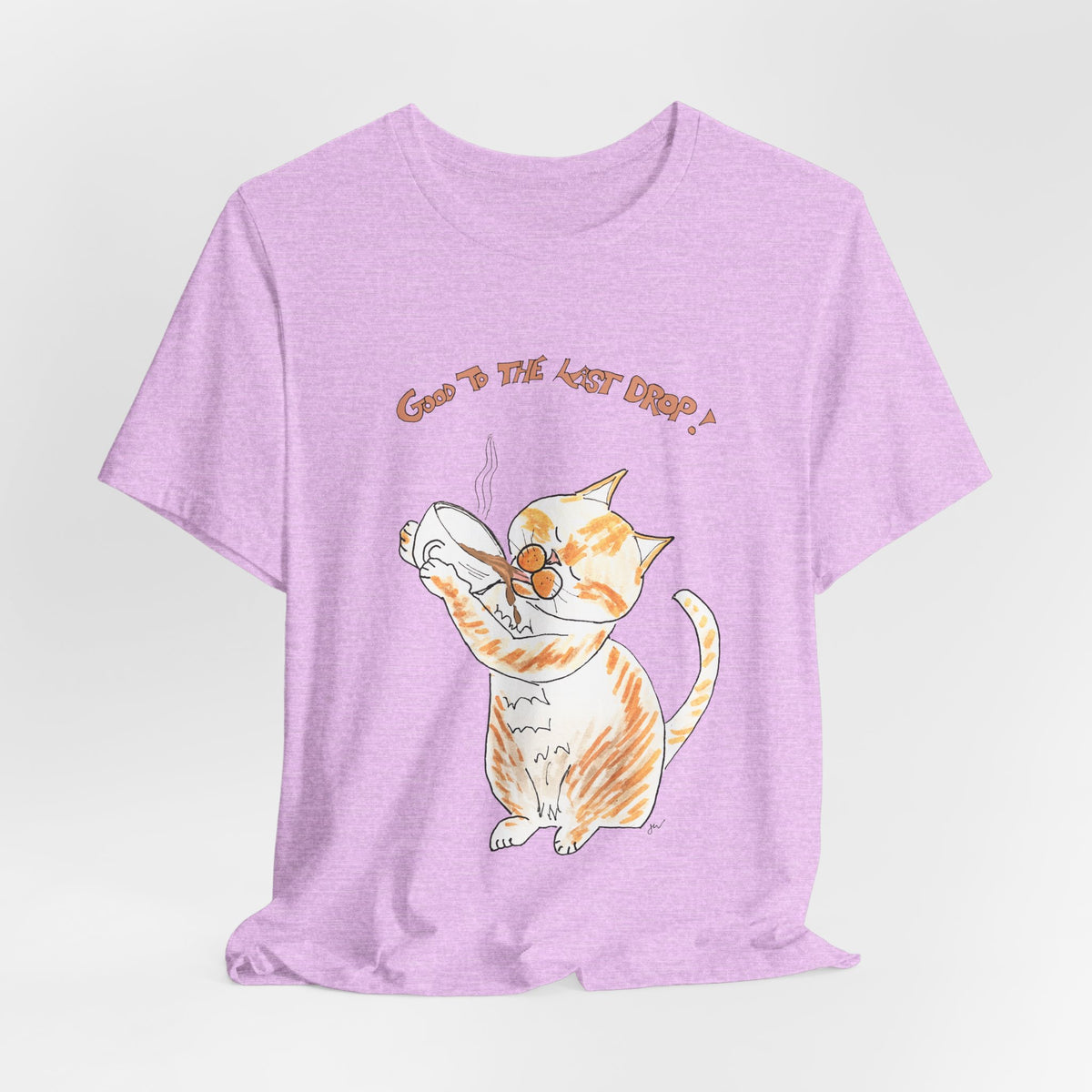 Niño "Good to the Last Drop" T-Shirt — Cute Orange & White Cat Drinking Coffee