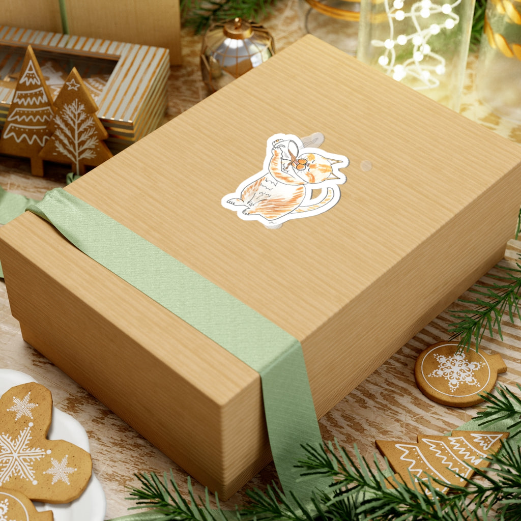 Niño the Coffee Cat Kiss-Cut Sticker Vinyl  — Cute Orange & White Tabby Drinking Coffee Vinyl Decal