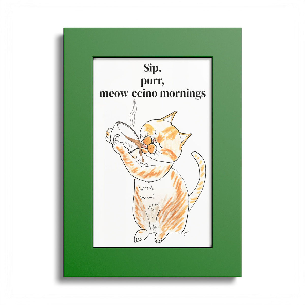 Niño "Sip, Purr, Meow-ccino Mornings" Framed Print — Orange & White Cat Coffee Wall Art