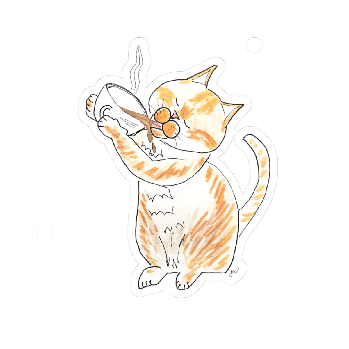 Niño the Coffee Cat Kiss-Cut Sticker Vinyl  — Cute Orange & White Tabby Drinking Coffee Vinyl Decal