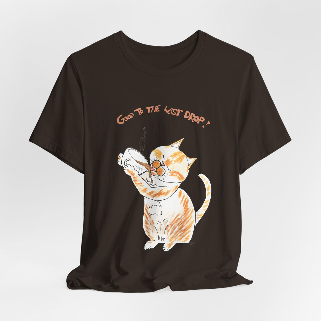 Niño "Good to the Last Drop" T-Shirt — Cute Orange & White Cat Drinking Coffee