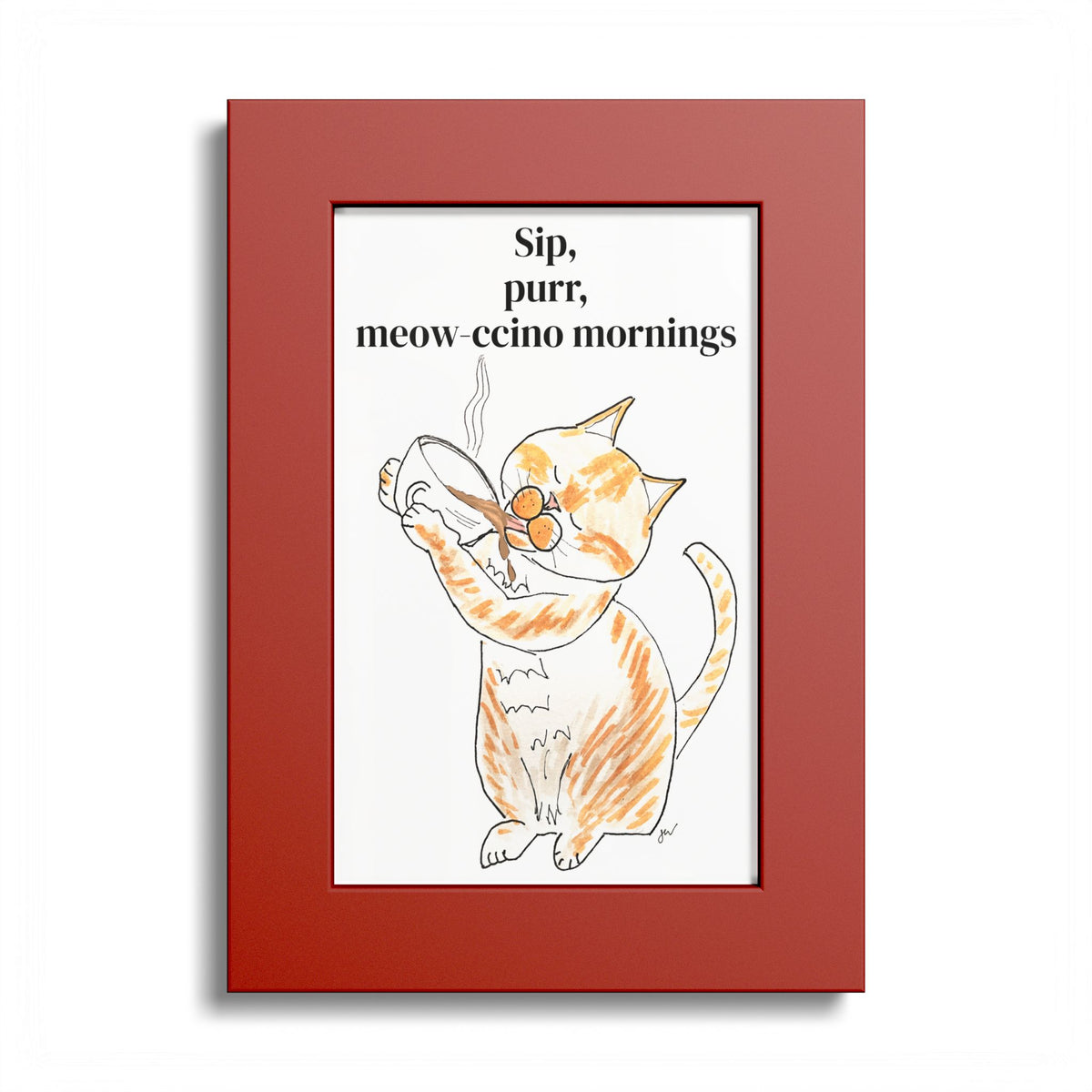 Niño "Sip, Purr, Meow-ccino Mornings" Framed Print — Orange & White Cat Coffee Wall Art