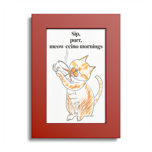 Niño "Sip, Purr, Meow-ccino Mornings" Framed Print — Orange & White Cat Coffee Wall Art
