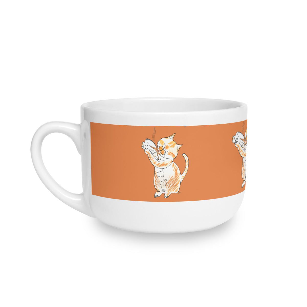 Niño Orange & White Playful Cat Latte Mug — 25oz Ceramic Coffee Cup