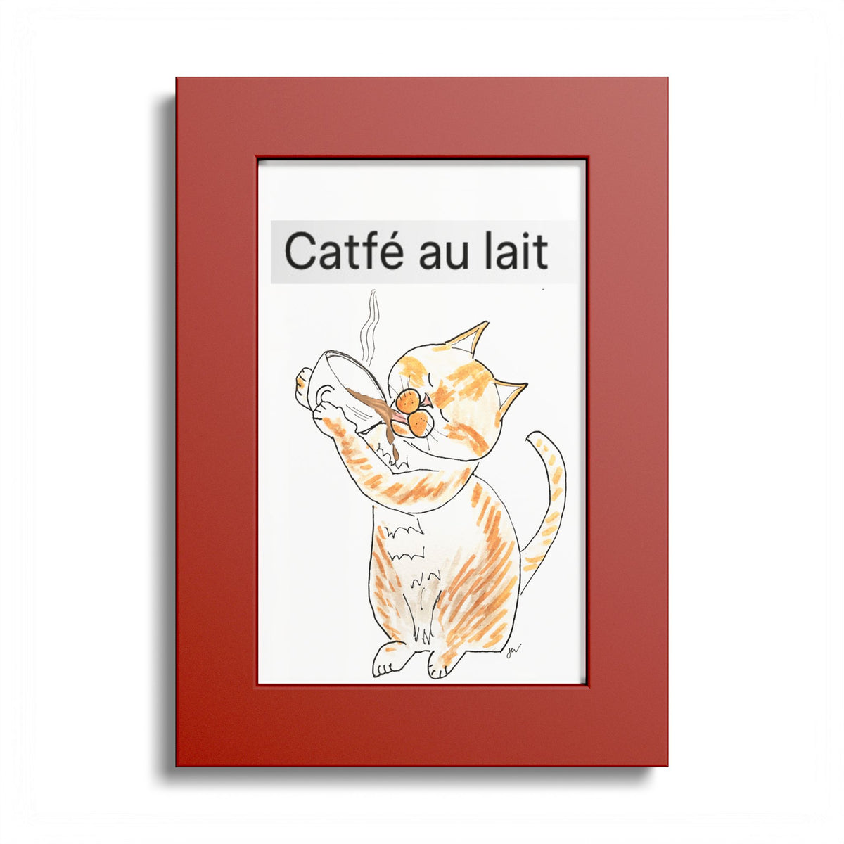 Niño "Catfé au Lait" Colored Frame Poster — Orange & White Cat Coffee Wall Art