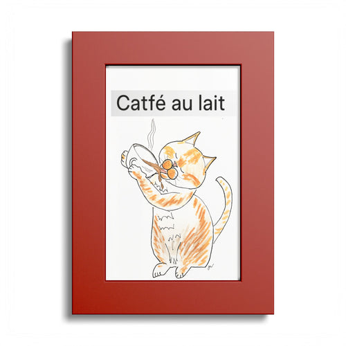Niño "Catfé au Lait" Colored Frame Poster — Orange & White Cat Coffee Wall Art
