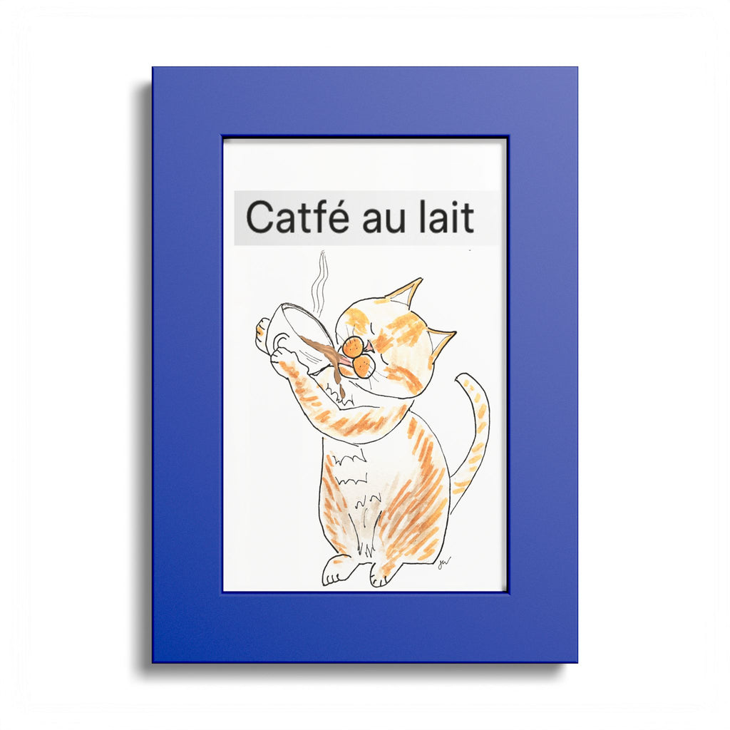 Niño "Catfé au Lait" Colored Frame Poster — Orange & White Cat Coffee Wall Art