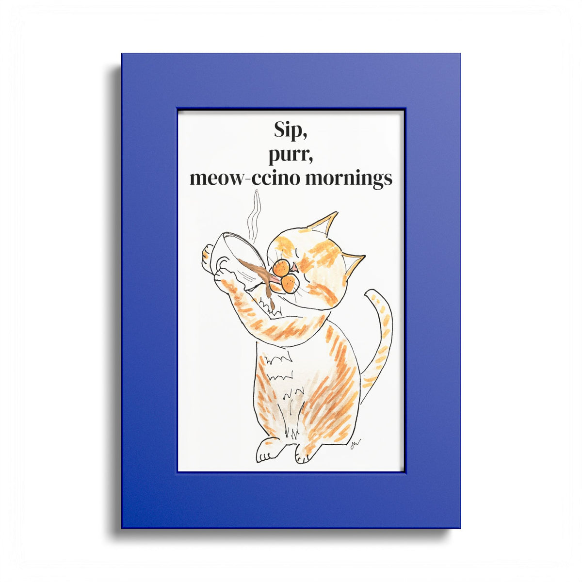 Niño "Sip, Purr, Meow-ccino Mornings" Framed Print — Orange & White Cat Coffee Wall Art