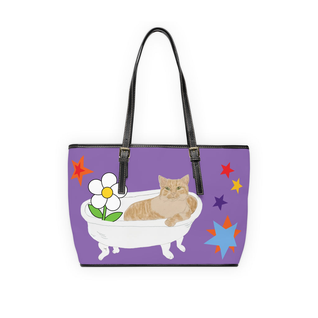 Purple Cat in Bathtub Tote Bag – Cute Orange Tabby Shoulder Bag for Cat Lovers