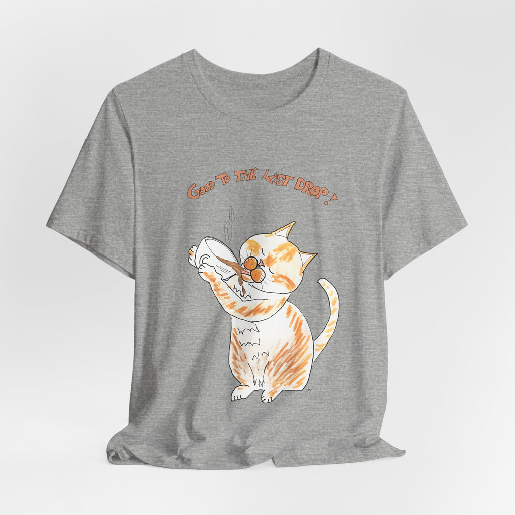 Niño "Good to the Last Drop" T-Shirt — Cute Orange & White Cat Drinking Coffee