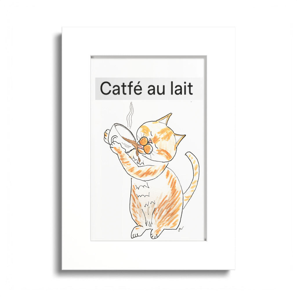 Niño "Catfé au Lait" Colored Frame Poster — Orange & White Cat Coffee Wall Art