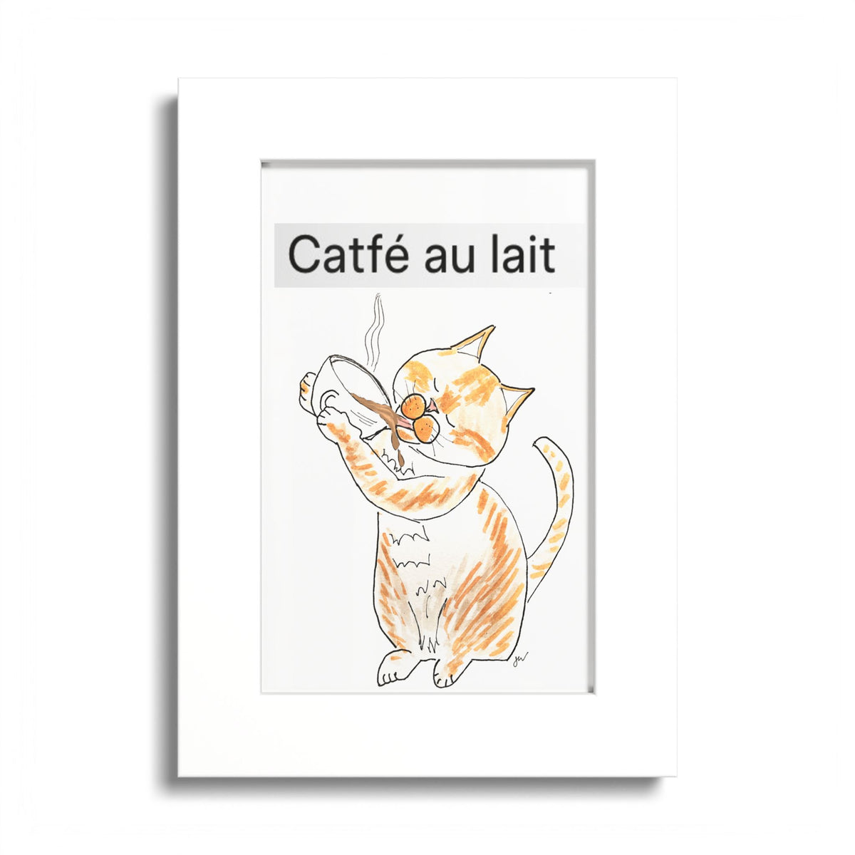 Niño "Catfé au Lait" Colored Frame Poster — Orange & White Cat Coffee Wall Art