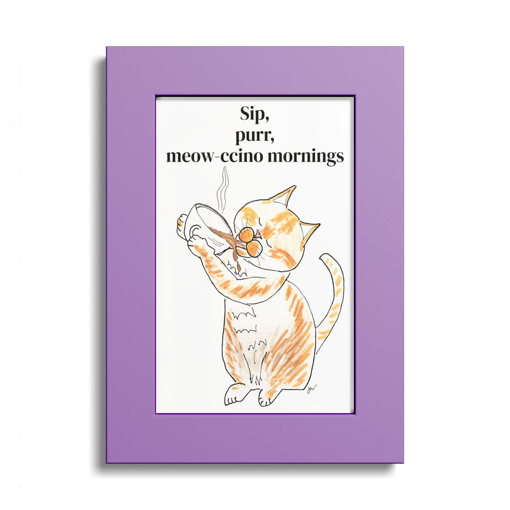 Niño "Sip, Purr, Meow-ccino Mornings" Framed Print — Orange & White Cat Coffee Wall Art