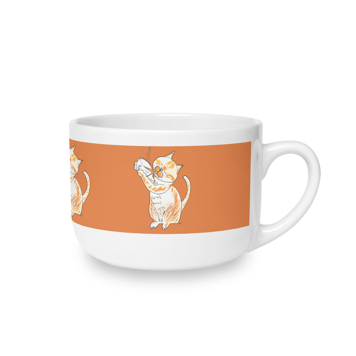 Niño Orange & White Playful Cat Latte Mug — 25oz Ceramic Coffee Cup