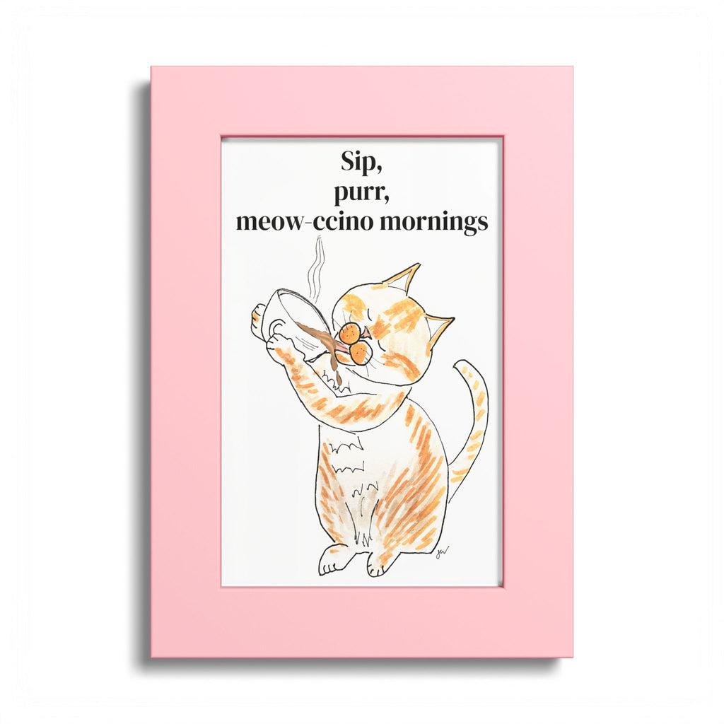 Niño "Sip, Purr, Meow-ccino Mornings" Framed Print — Orange & White Cat Coffee Wall Art