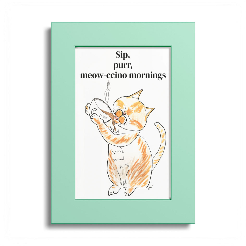 Niño "Sip, Purr, Meow-ccino Mornings" Framed Print — Orange & White Cat Coffee Wall Art