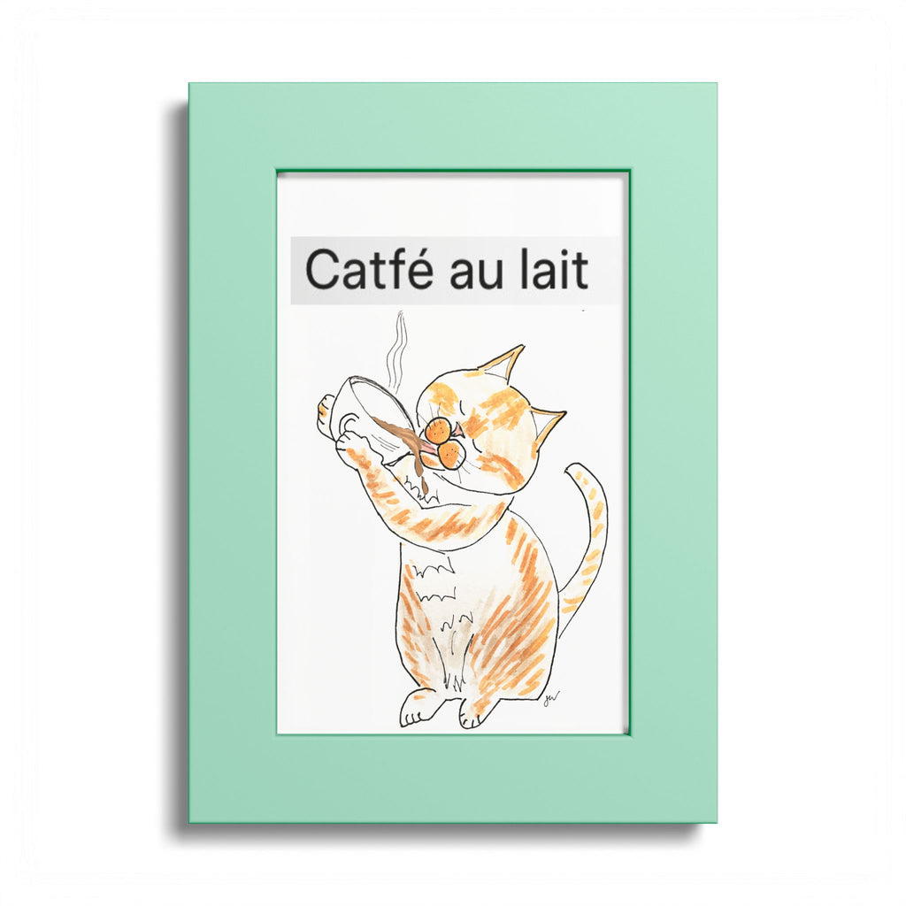 Niño "Catfé au Lait" Colored Frame Poster — Orange & White Cat Coffee Wall Art