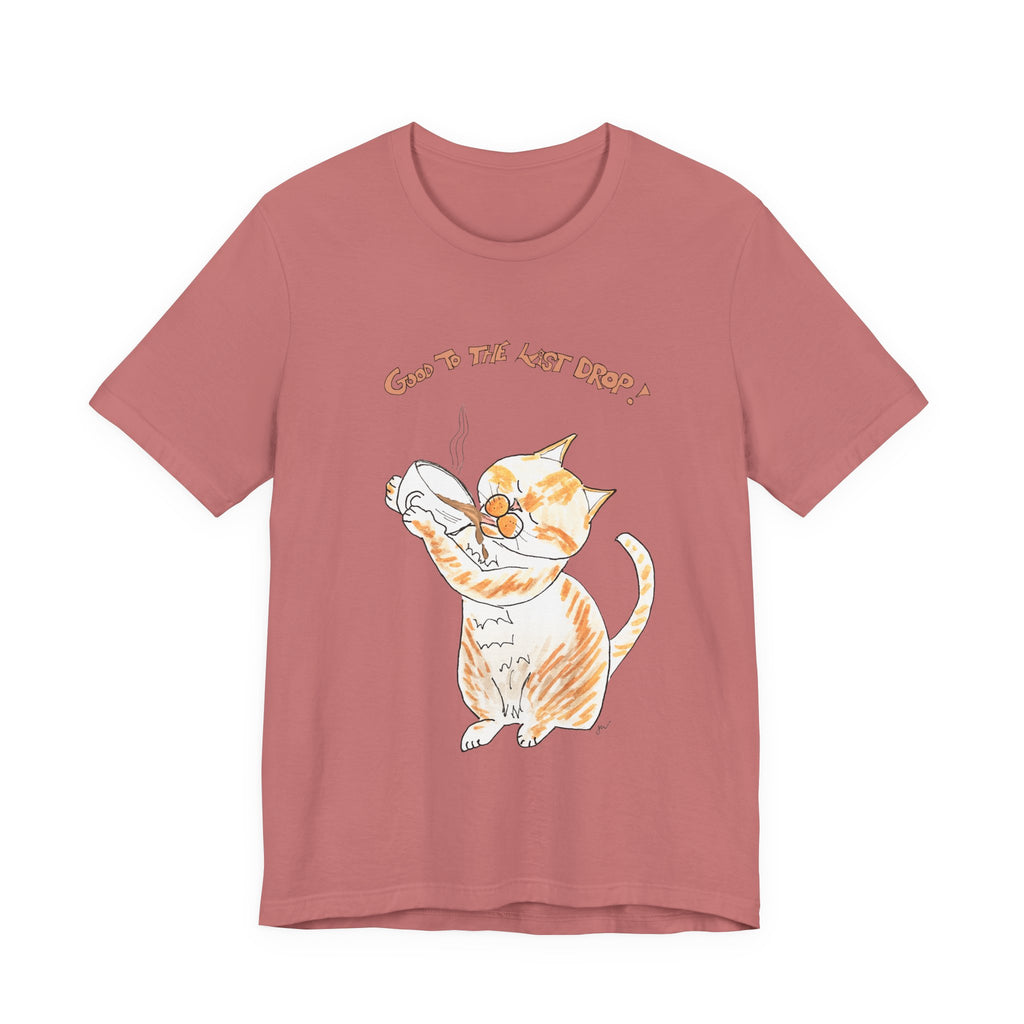 Niño "Good to the Last Drop" T-Shirt — Cute Orange & White Cat Drinking Coffee