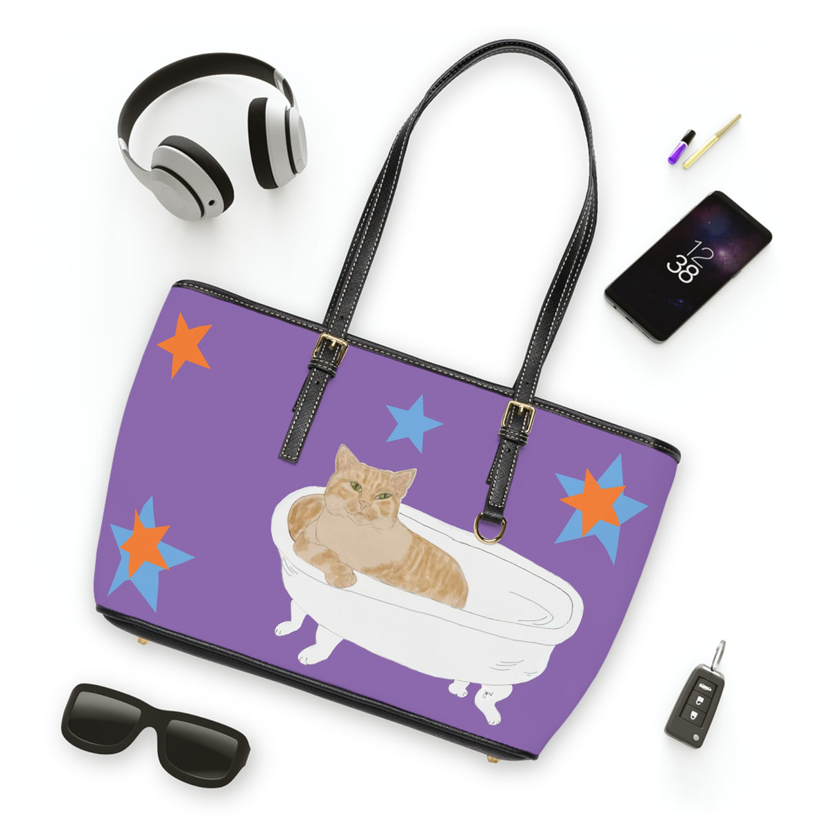 Purple Cat in Bathtub Tote Bag – Cute Orange Tabby Shoulder Bag for Cat Lovers
