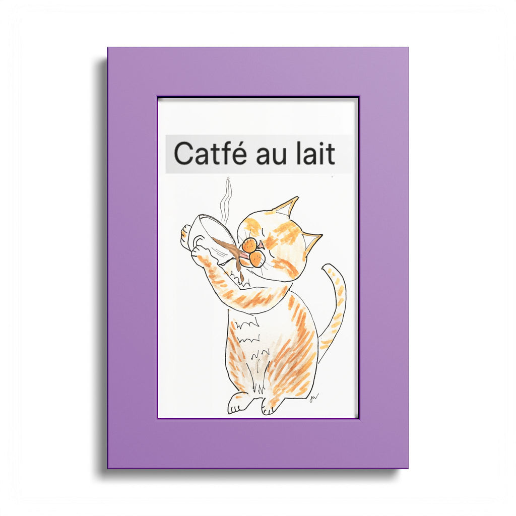 Niño "Catfé au Lait" Colored Frame Poster — Orange & White Cat Coffee Wall Art