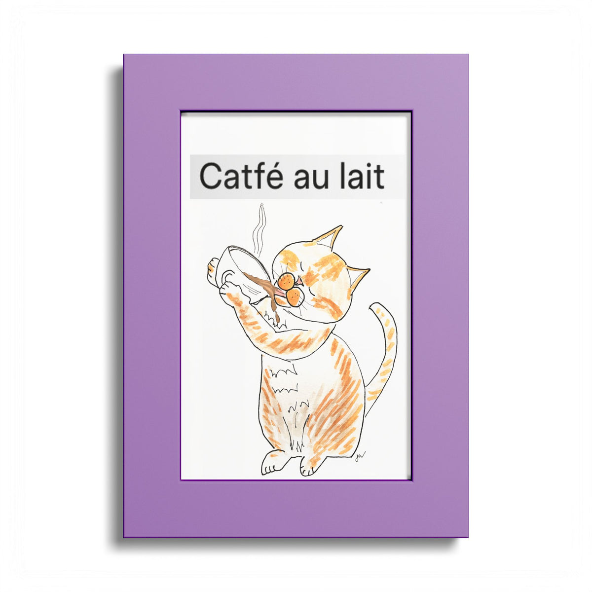 Niño "Catfé au Lait" Colored Frame Poster — Orange & White Cat Coffee Wall Art