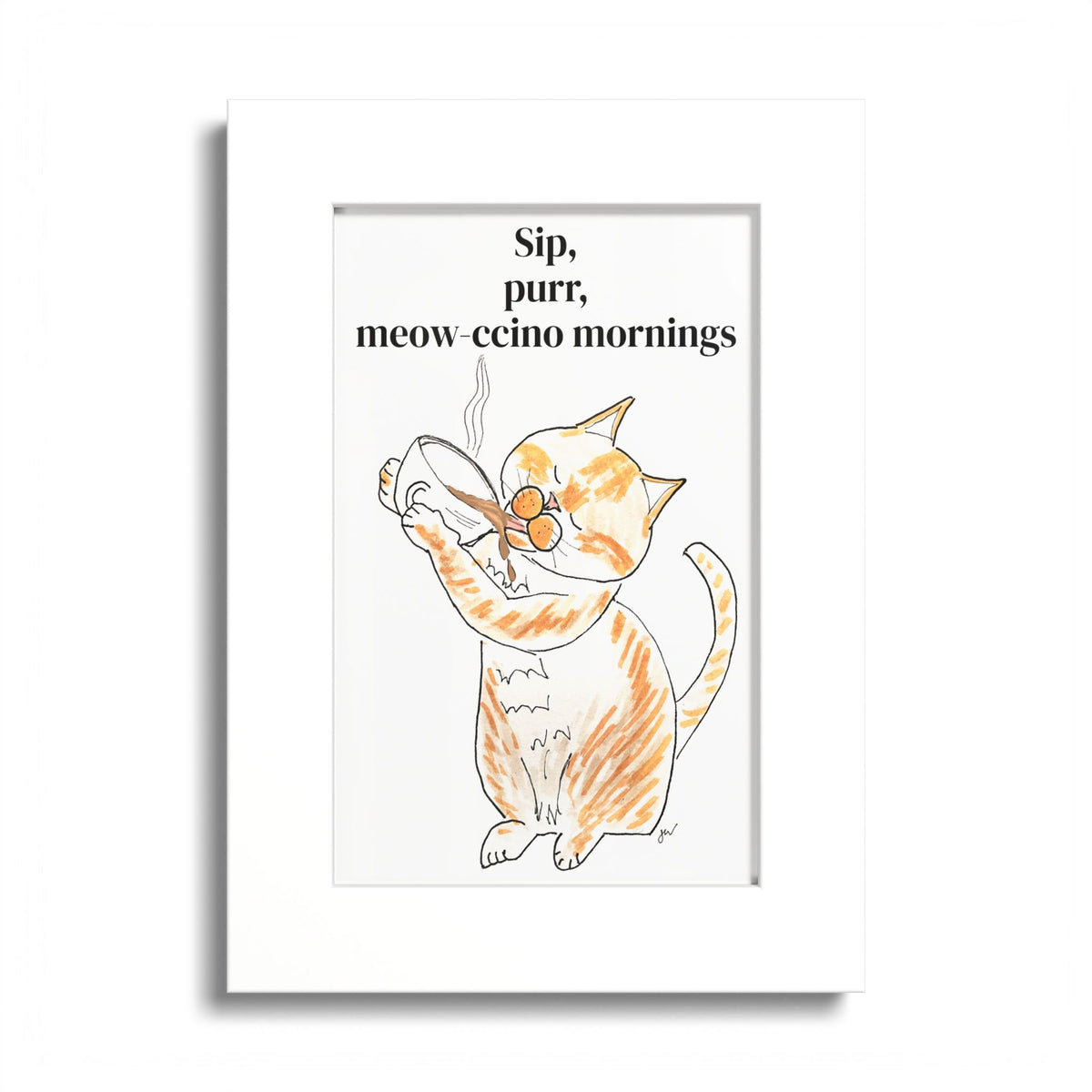 Niño "Sip, Purr, Meow-ccino Mornings" Framed Print — Orange & White Cat Coffee Wall Art