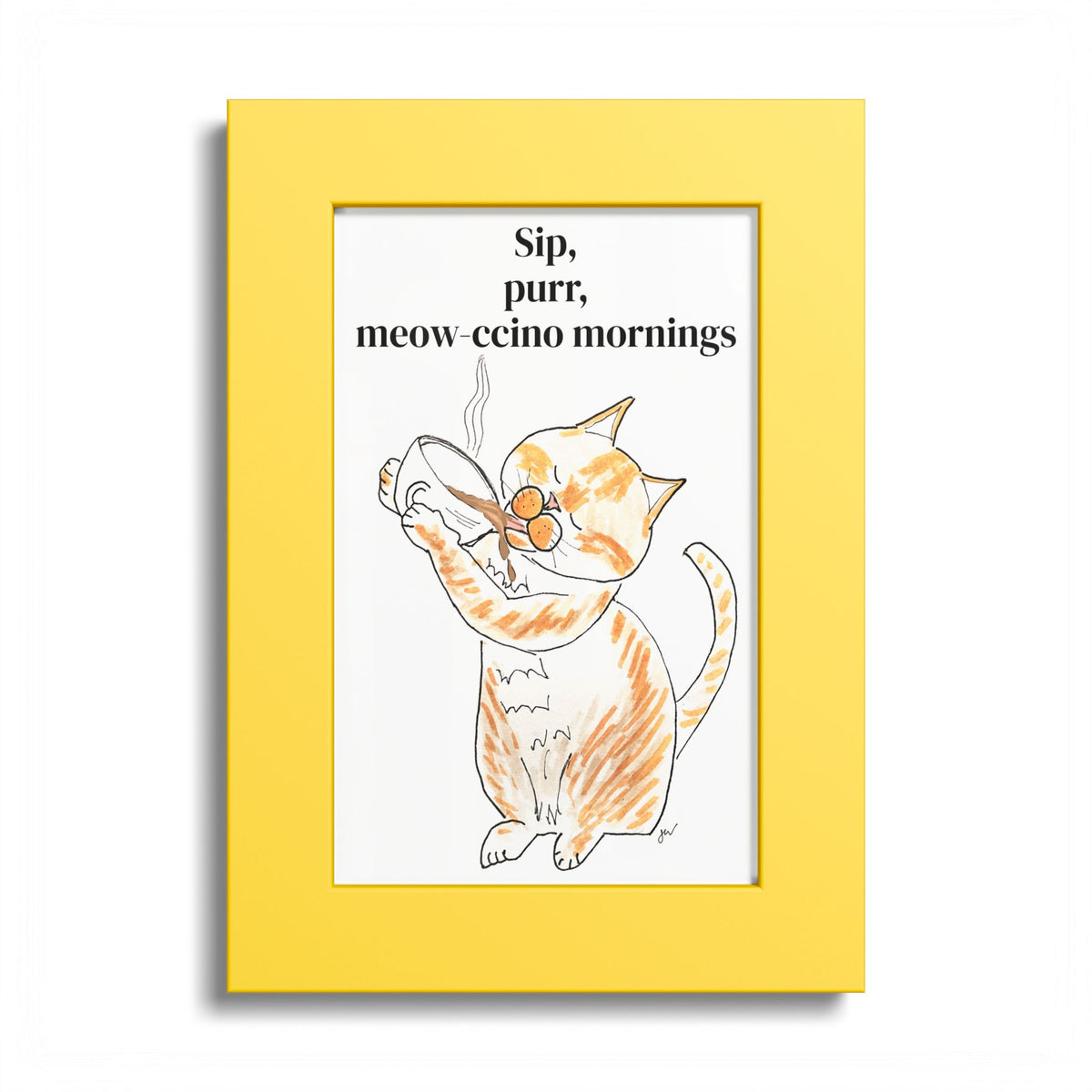 Niño "Sip, Purr, Meow-ccino Mornings" Framed Print — Orange & White Cat Coffee Wall Art