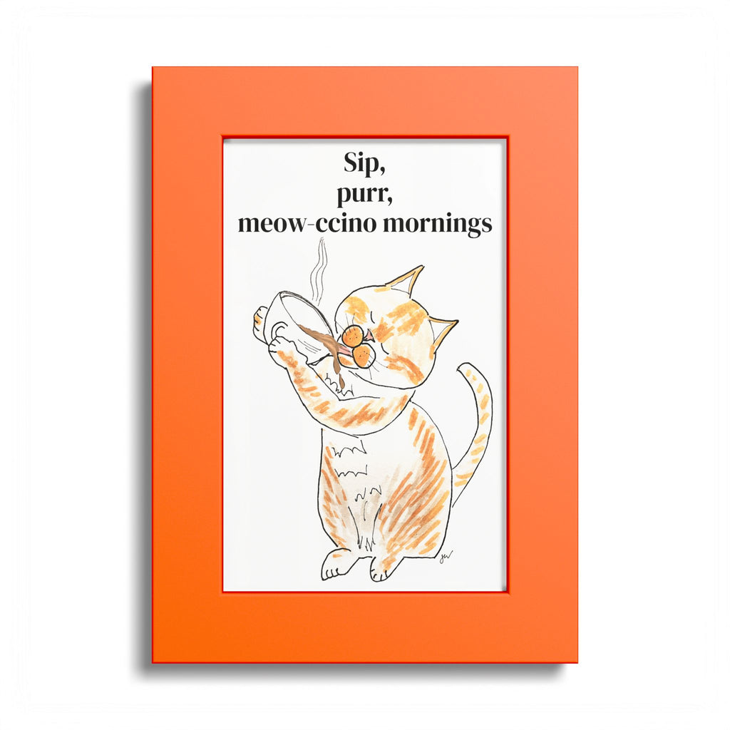 Niño "Sip, Purr, Meow-ccino Mornings" Framed Print — Orange & White Cat Coffee Wall Art