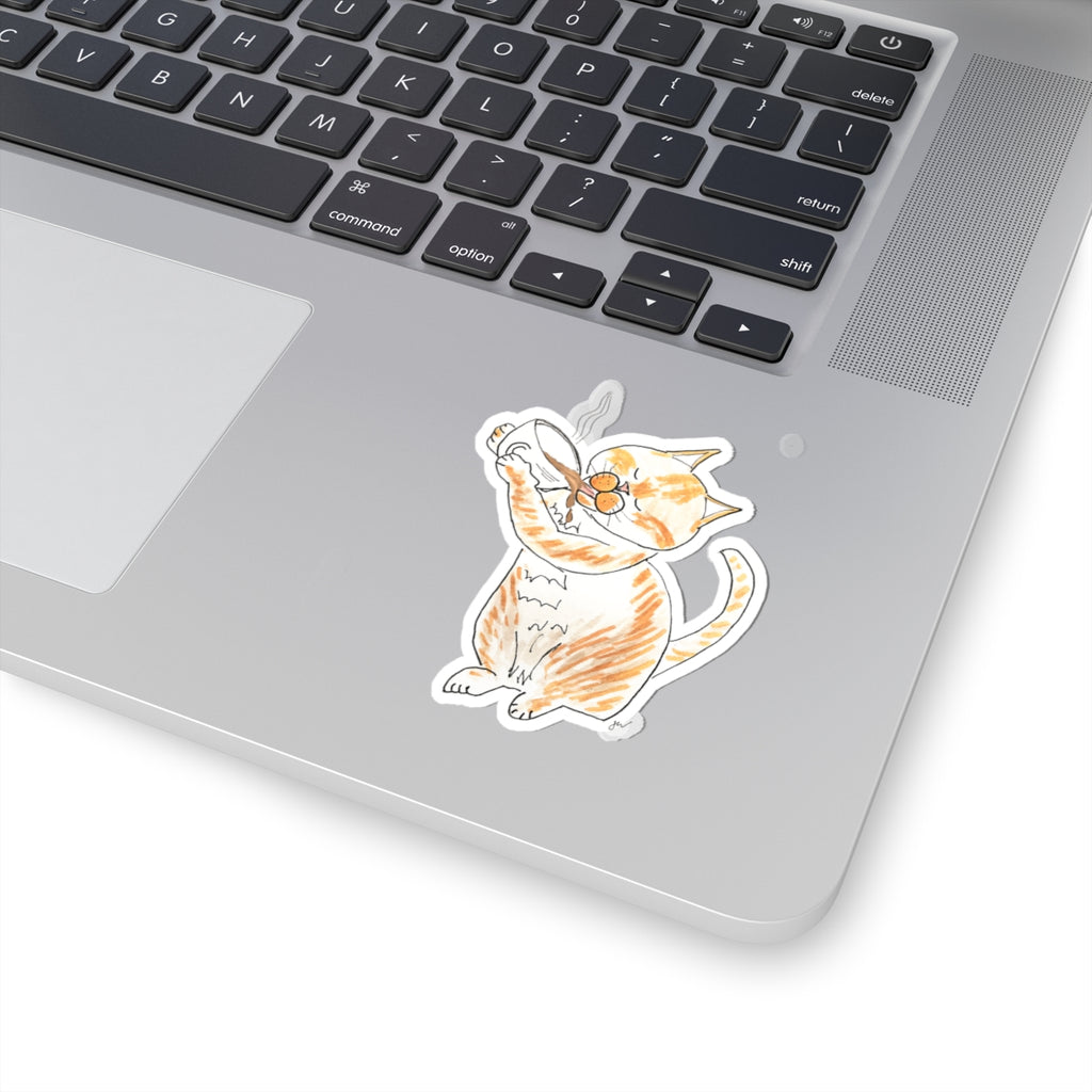 Niño the Coffee Cat Kiss-Cut Sticker Vinyl  — Cute Orange & White Tabby Drinking Coffee Vinyl Decal