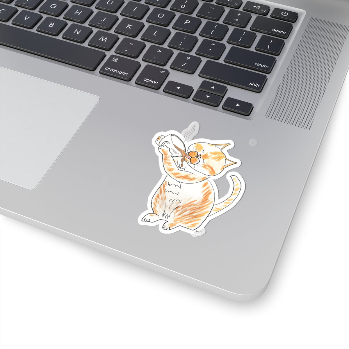 Niño the Coffee Cat Kiss-Cut Sticker Vinyl  — Cute Orange & White Tabby Drinking Coffee Vinyl Decal