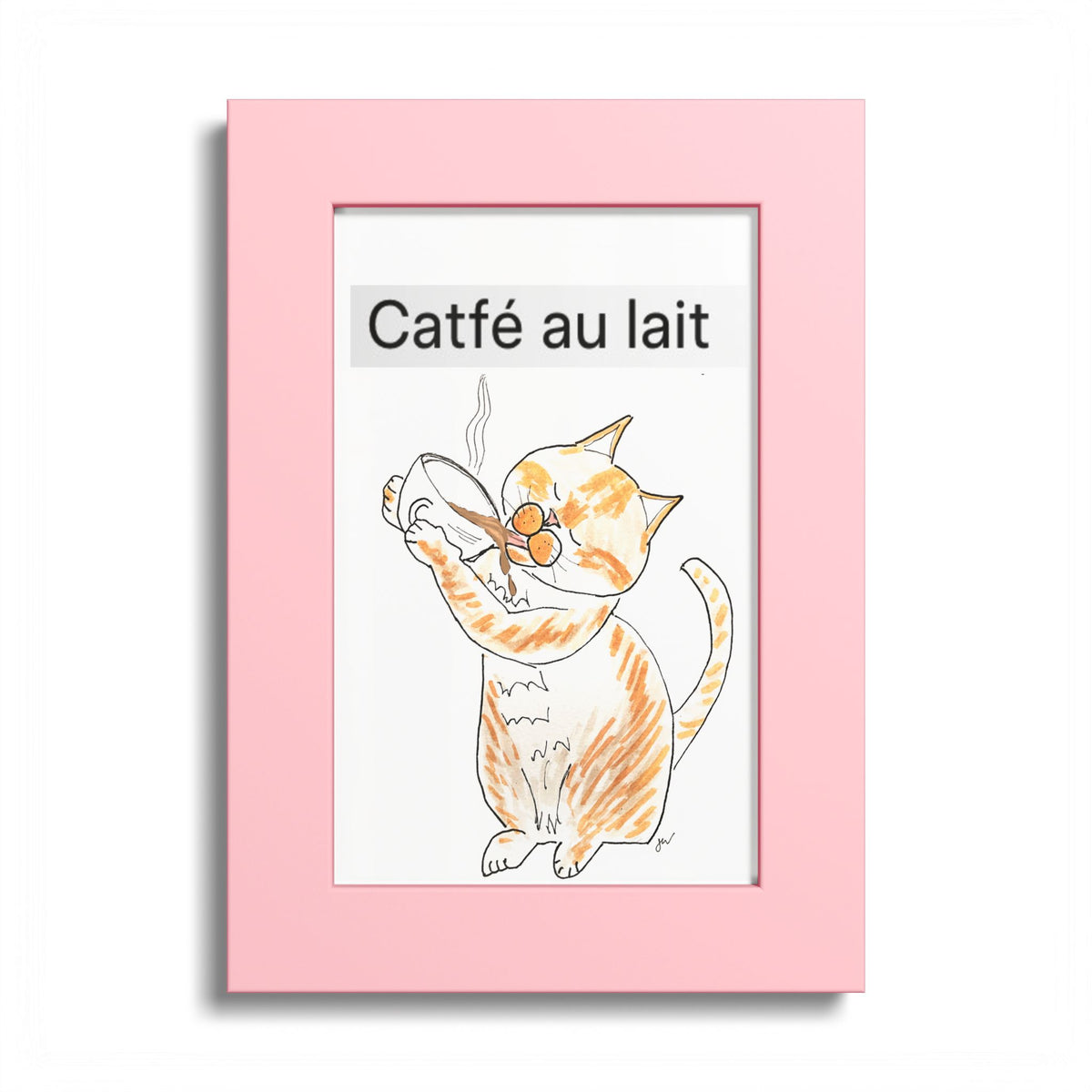 Niño "Catfé au Lait" Colored Frame Poster — Orange & White Cat Coffee Wall Art