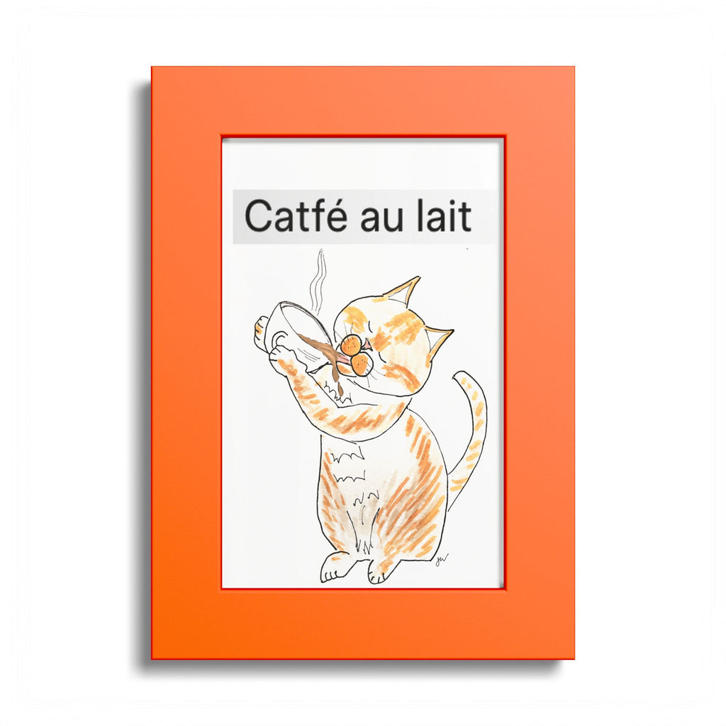 Niño "Catfé au Lait" Colored Frame Poster — Orange & White Cat Coffee Wall Art