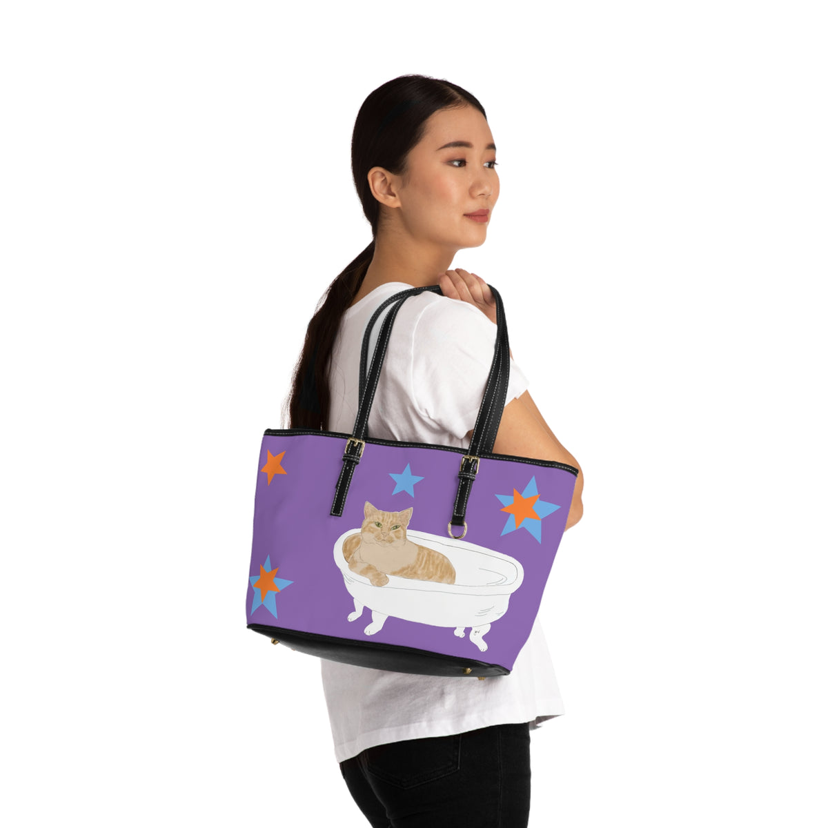 Purple Cat in Bathtub Tote Bag – Cute Orange Tabby Shoulder Bag for Cat Lovers